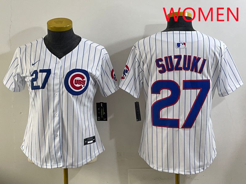 Women 2025 Chicago Cubs #27 Suzuki White Stripe Game Nike MLB Jersey style 3